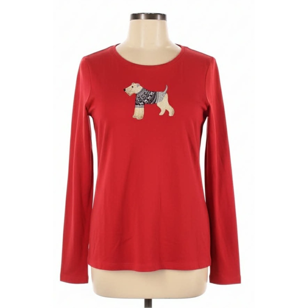 NWT Talbots long sleeve cotton Dog embroidered red round neck knit top size S